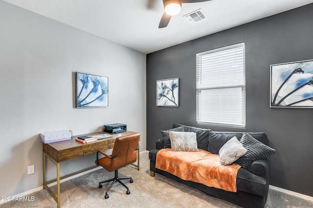 office space featuring ceiling fan and carpet flooring