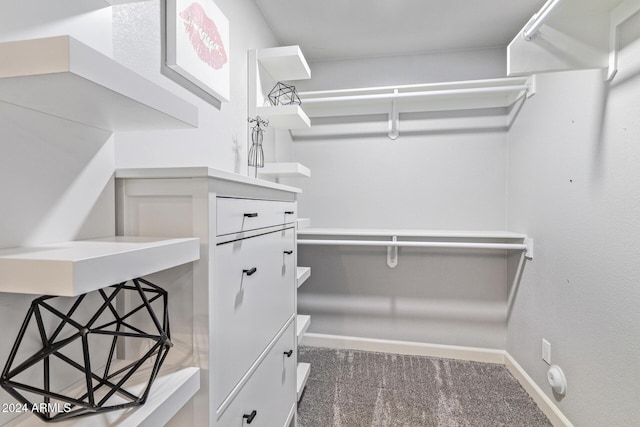 spacious closet featuring dark colored carpet