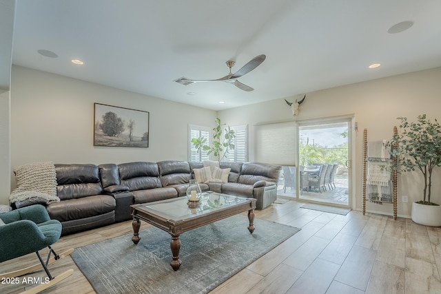 5759 W Saratoga Ct, Florence, AZ 85132 - living area featuring ceiling fan, light wood-type flooring, and recessed lighting