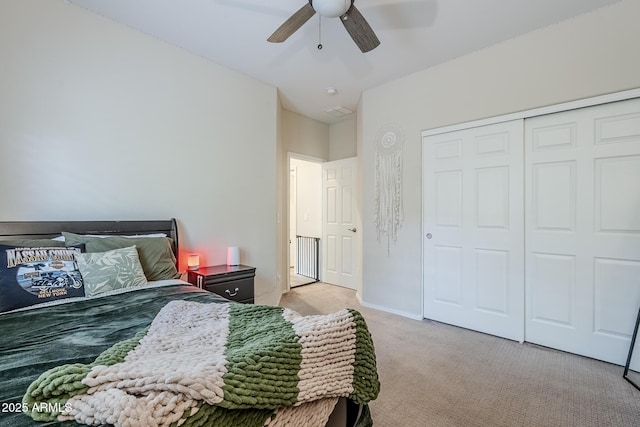 5759 W Saratoga Ct, Florence, AZ 85132 - bedroom with light colored carpet, a closet, and ceiling fan