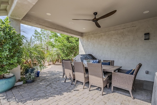 5759 W Saratoga Ct, Florence, AZ 85132 - view of patio with outdoor dining area, ceiling fan, and grilling area