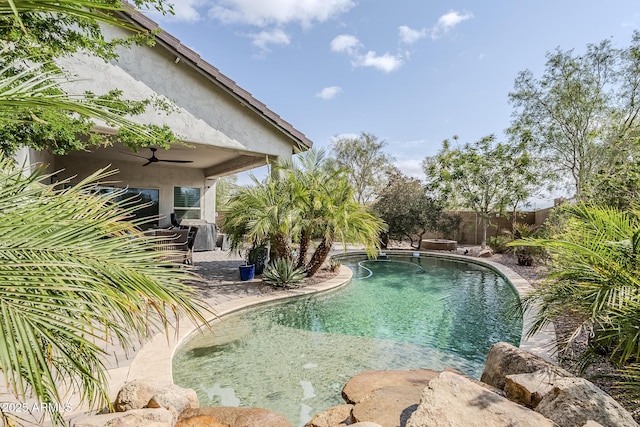 5759 W Saratoga Ct, Florence, AZ 85132 - view of pool with ceiling fan, a fenced backyard, and a patio