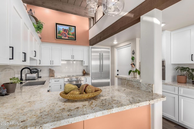 kitchen with stainless steel appliances, sink, white cabinets, and kitchen peninsula