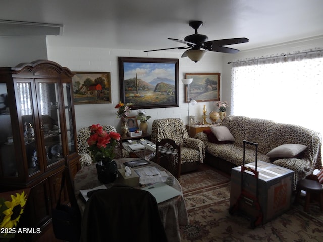 living room with ceiling fan