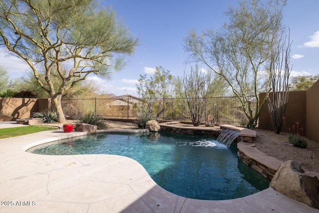 view of swimming pool featuring a fenced in pool, a fenced backyard, and a patio area