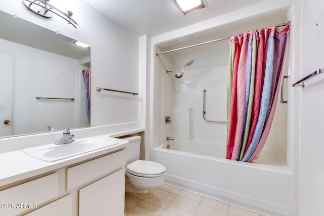 full bathroom featuring shower / bathtub combination with curtain, vanity, toilet, and tile patterned flooring