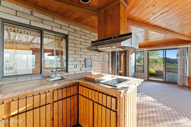 27610 W Gill Rd, Morristown, AZ 85342 - kitchen with a sink, under cabinet range hood, wood ceiling, carpet, and electric cooktop