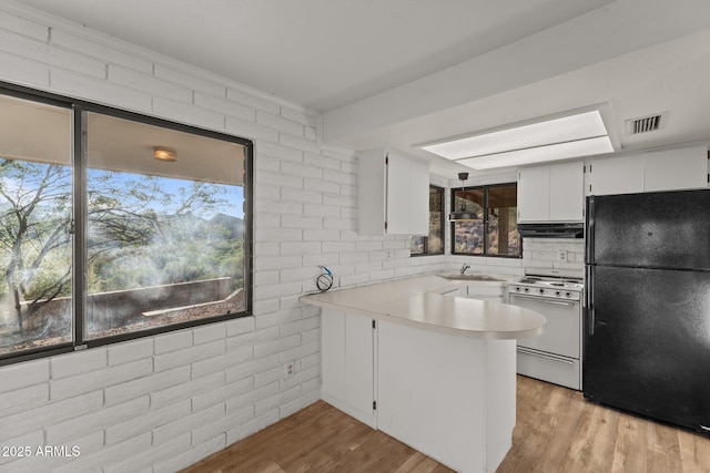 27610 W Gill Rd, Morristown, AZ 85342 - kitchen with freestanding refrigerator, white stove, under cabinet range hood, a peninsula, and a sink