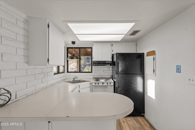 27610 W Gill Rd, Morristown, AZ 85342 - kitchen featuring freestanding refrigerator, white stove, extractor fan, a sink, and light wood finished floors