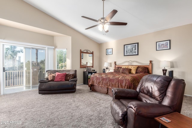 bedroom featuring access to exterior, carpet floors, ceiling fan, and vaulted ceiling