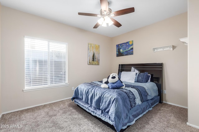 bedroom with ceiling fan and carpet flooring