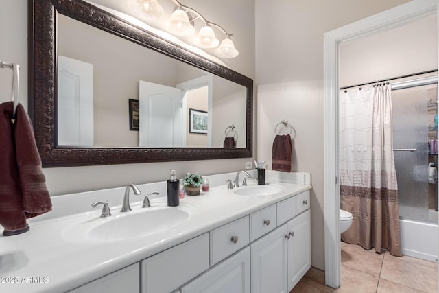 full bathroom with tile patterned flooring, vanity, shower / bath combination with curtain, and toilet