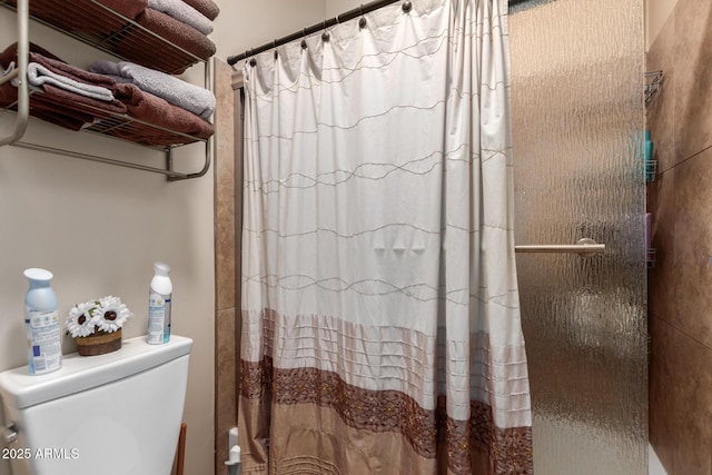 bathroom featuring toilet and a shower with shower curtain