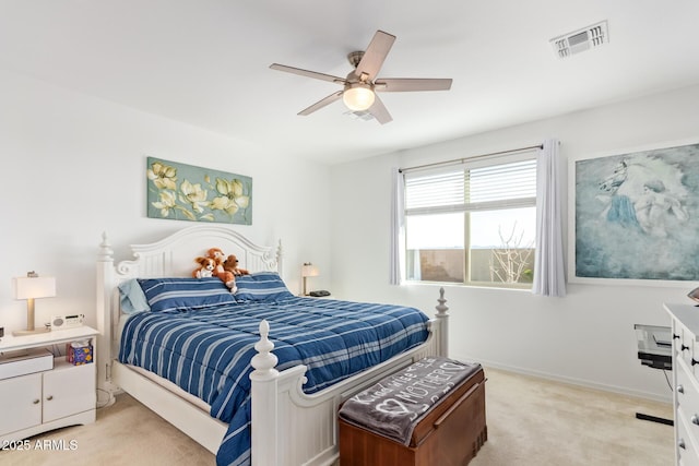 bedroom with a ceiling fan, light colored carpet, visible vents, and baseboards