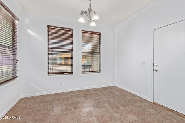 unfurnished room featuring ornamental molding and a chandelier