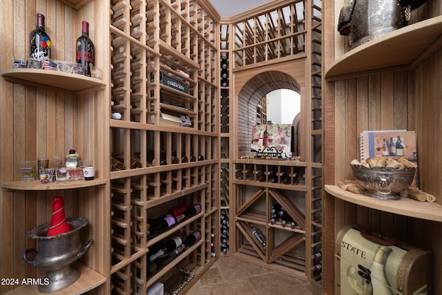 wine room featuring tile patterned flooring and wooden walls