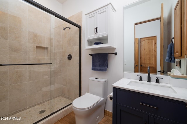 bathroom featuring vanity, toilet, wood-type flooring, and walk in shower