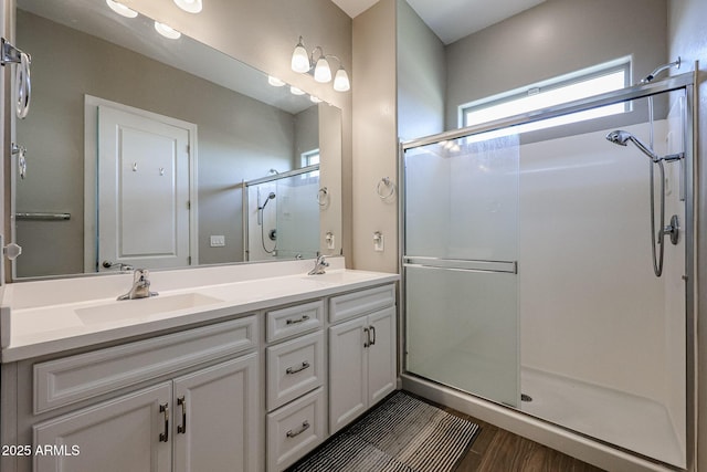 full bath featuring double vanity, a sink, and a shower stall