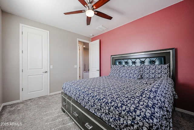 bedroom with a ceiling fan, baseboards, visible vents, and carpet