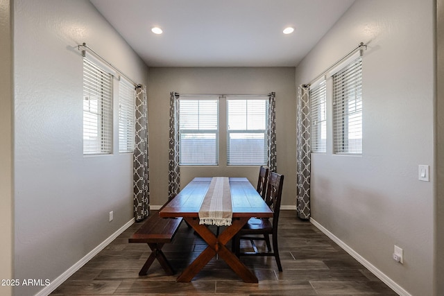 dining area with baseboards, wood finished floors, and a healthy amount of sunlight