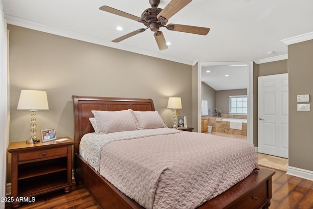 7042 N 13th St, Phoenix, AZ 85020 - bedroom with ceiling fan, baseboards, ornamental molding, recessed lighting, and dark wood-type flooring