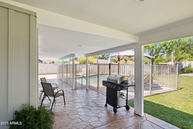 7042 N 13th St, Phoenix, AZ 85020 - view of patio / terrace featuring a fenced in pool, a fenced backyard, and a grill