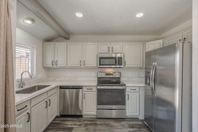 10101 N 91st Ave Unit 111, Peoria, AZ 85345 - kitchen featuring stainless steel appliances, a sink, dark wood-style floors, white cabinetry, and recessed lighting