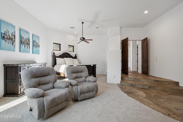 carpeted bedroom featuring ceiling fan