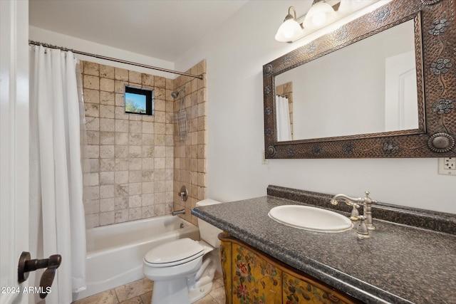 full bathroom with tile patterned flooring, vanity, shower / tub combo, and toilet