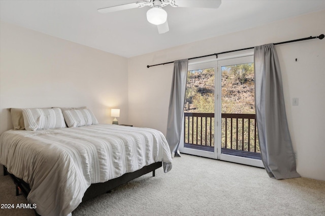 bedroom with access to exterior, carpet flooring, and ceiling fan