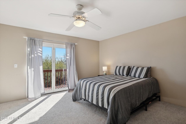 carpeted bedroom with access to exterior and ceiling fan