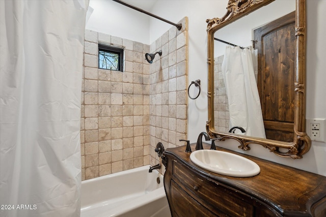 bathroom with vanity and shower / bathtub combination with curtain