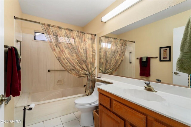 full bathroom with vanity, shower / bath combo, tile patterned floors, and toilet