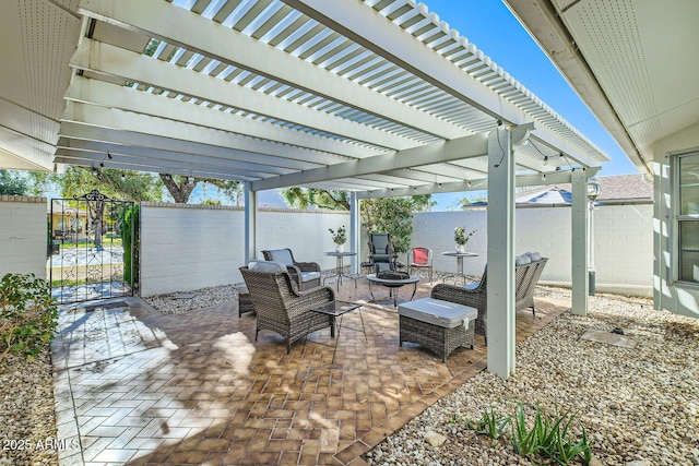 view of patio featuring a pergola and outdoor lounge area