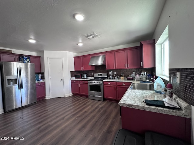 kitchen featuring wall chimney range hood, dark hardwood / wood-style flooring, stainless steel appliances, sink, and backsplash