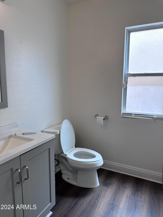 bathroom featuring hardwood / wood-style flooring, toilet, vanity, and a healthy amount of sunlight