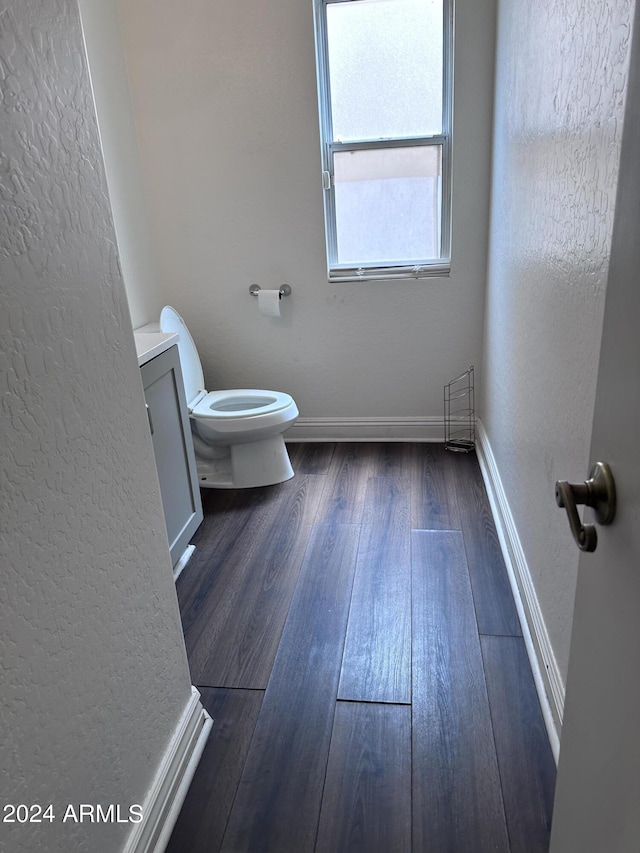 bathroom with toilet, vanity, and wood-type flooring