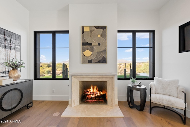 9940 E Aleka Way, Scottsdale, AZ 85262 - living area with a premium fireplace, wood finished floors, and baseboards