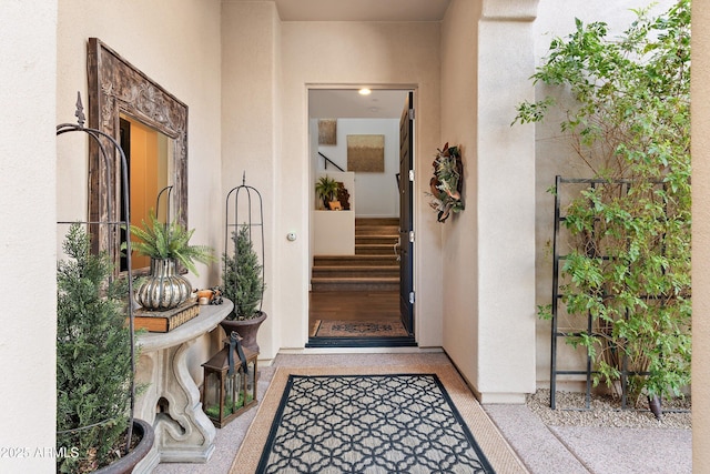 view of exterior entry with stucco siding