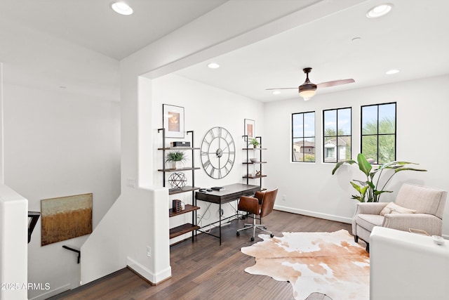 office area featuring dark wood-style floors, ceiling fan, baseboards, and recessed lighting