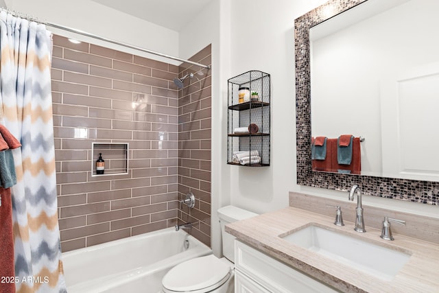 full bathroom featuring vanity, tasteful backsplash, shower / bath combination with curtain, and toilet