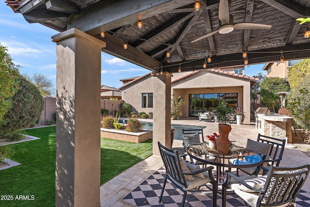 view of patio featuring a fenced in pool, a ceiling fan, fence, outdoor dining area, and a gazebo