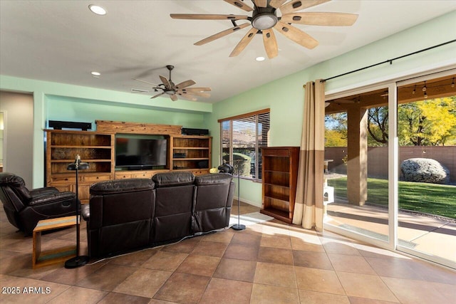 living room featuring ceiling fan