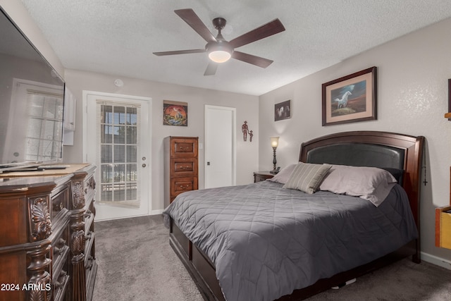 bedroom with carpet flooring, ceiling fan, a textured ceiling, and access to outside