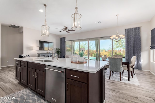 kitchen featuring sink, ceiling fan, a kitchen island with sink, and dark brown cabinets