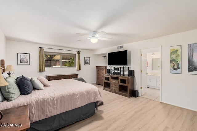 6802 N 26th St, Phoenix, AZ 85016 - bedroom with light wood-style floors, connected bathroom, and a ceiling fan