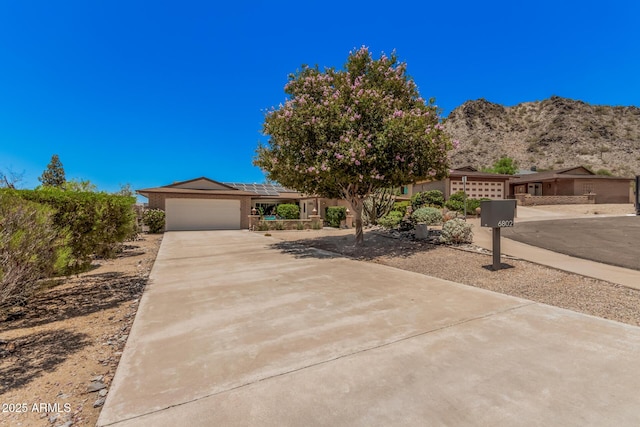 6802 N 26th St, Phoenix, AZ 85016 - view of property hidden behind natural elements featuring an attached garage, roof mounted solar panels, and concrete driveway