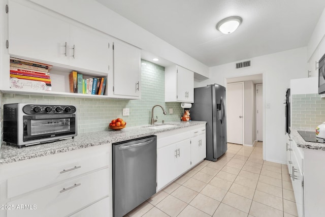 kitchen with light tile patterned floors, white cabinetry, appliances with stainless steel finishes, tasteful backsplash, and sink