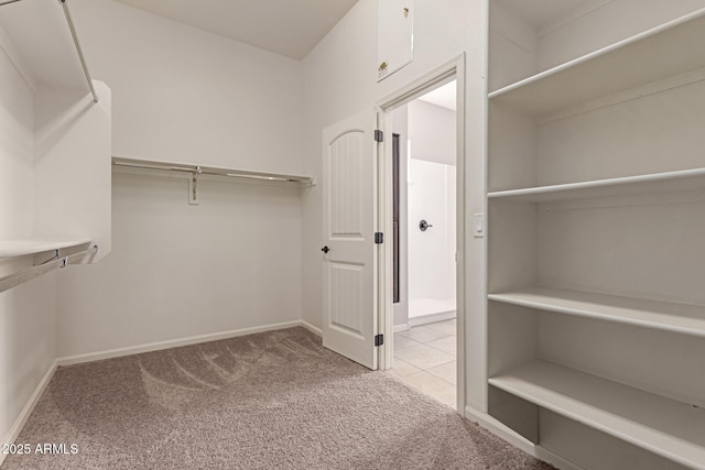 walk in closet with light colored carpet