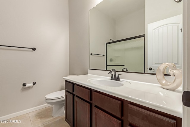 bathroom with tile patterned flooring, vanity, toilet, and a shower with shower door